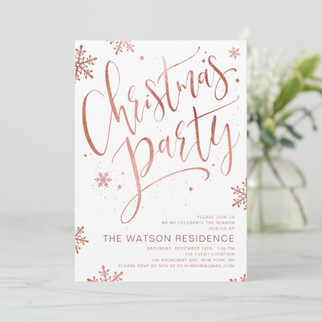 Rose gold handwritten calligraphy Christmas Party Invitation (Standing Front)