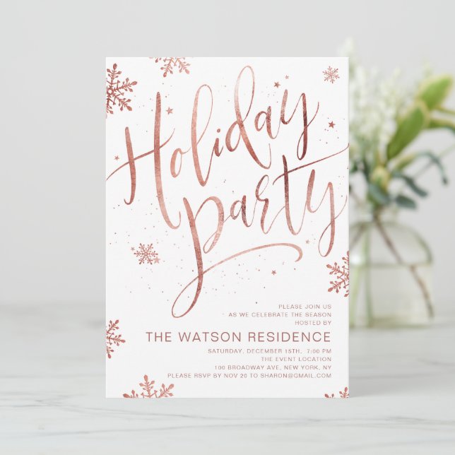 Rose gold handwritten calligraphy holiday party invitation (Standing Front)
