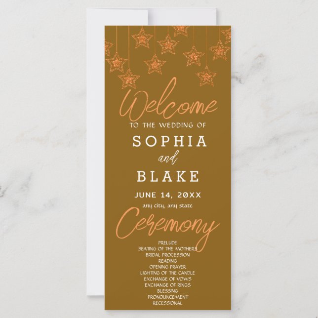 Rose Gold Hanging Stars Dark Gold Wedding Program (Front)
