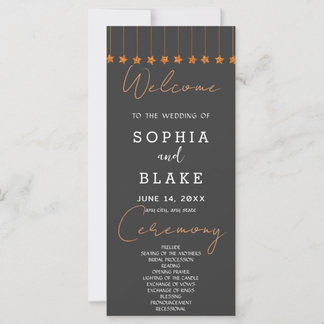 Rose Gold Hanging Stars Smoke Grey Wedding Program (Front)
