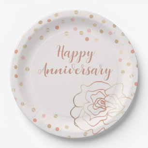 Rose Gold Happy Anniversary with Polka Dots Paper Plate