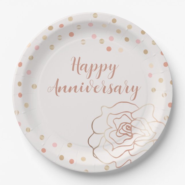 Rose Gold Happy Anniversary with Polka Dots Paper Plate (Front)