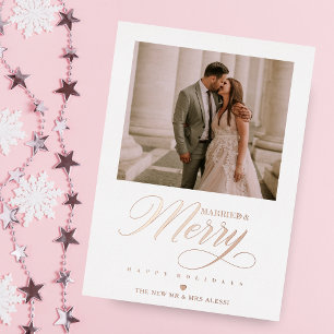 Rose Gold Happy Holidays Christmas Photo Newlyweds Foil Holiday Card