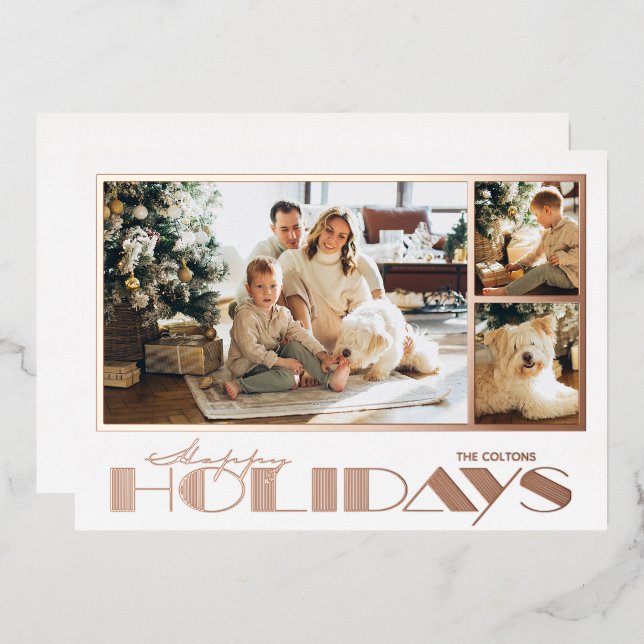 Rose Gold Happy Holidays Multi Photos Foil Holiday Card (Front/Back)