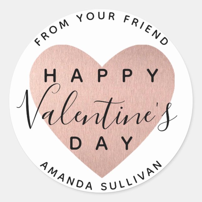 Rose Gold heart Callygraphy Happy Valentine's Day Classic Round Sticker (Front)