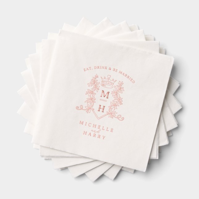 Rose gold heart crown wedding monogram custom foil napkins (Insitu (Stacked))