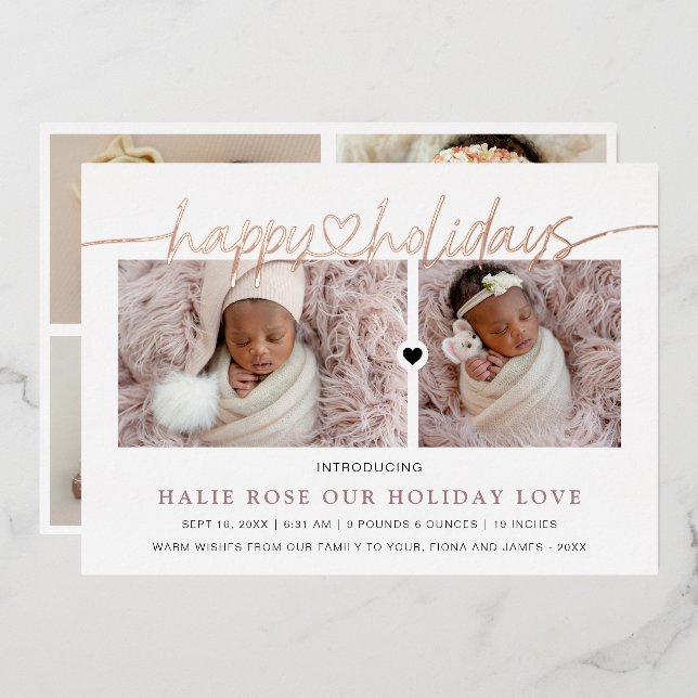 Rose Gold Heart Linked Happy Holidays Photos Foil Holiday Card (Front/Back)