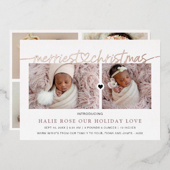 Rose Gold Heart Linked Merriest Christmas Photos Foil Holiday Card (Front/Back)