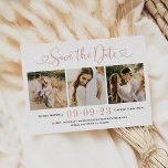 Rose Gold Heart Script Wedding Photo Save the Date<br><div class="desc">Modern rose gold foil, black, and white wedding save the date announcement cards feature a collage of three square engagement photos and a stylish typography design with chic calligraphy script and a heart accents. The simple and elegant custom text that can be completely personalised with the numerical wedding date, bride...</div>