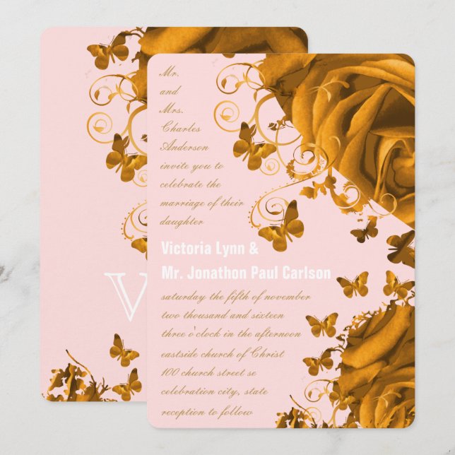 Rose Gold Hearts and Roses Wedding Invitation (Front/Back)
