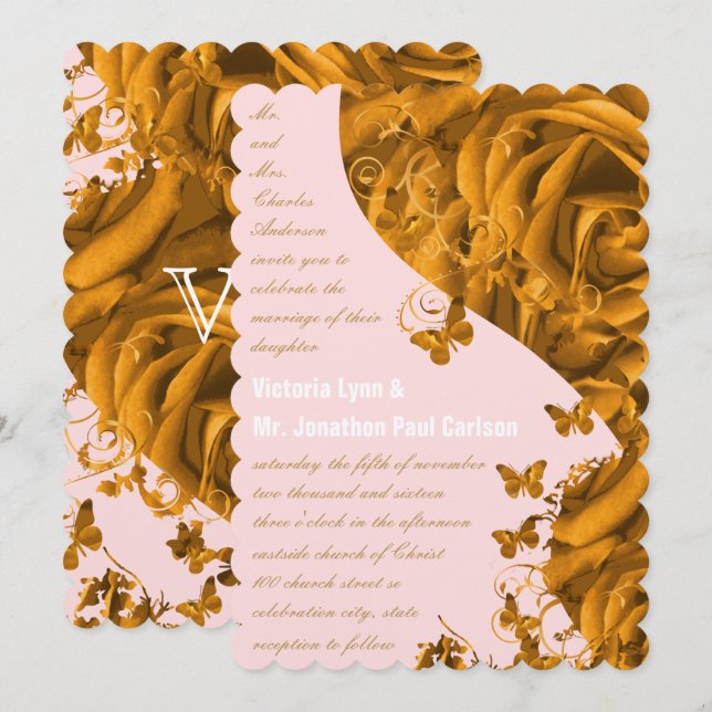 Rose Gold Hearts and Roses Wedding Invitation (Front/Back)