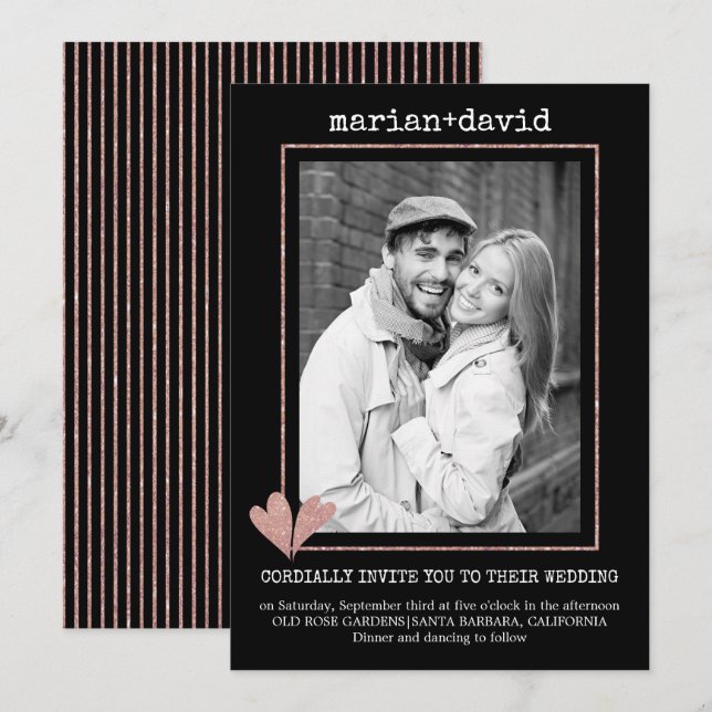 Rose gold hearts black wedding photo invitation (Front/Back)