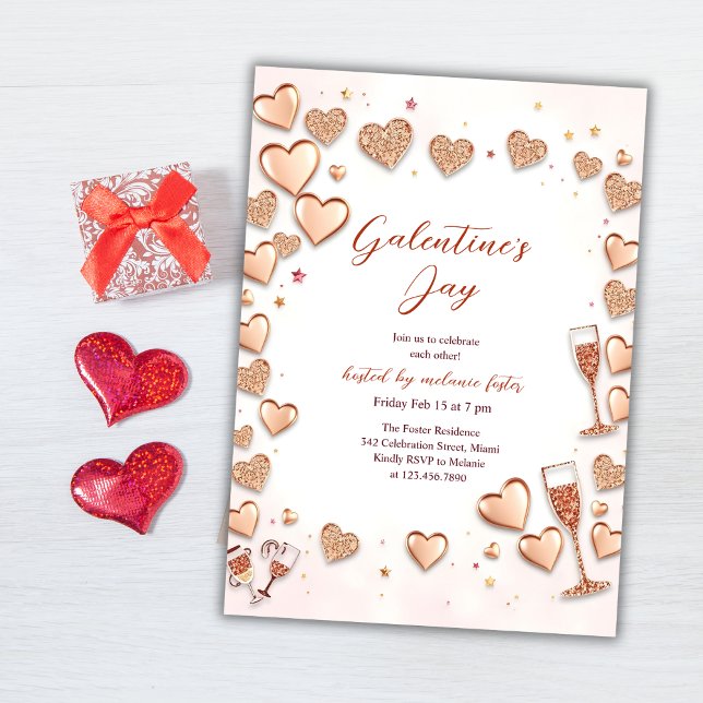 Rose Gold Hearts Champagne Galentine’s Day Party Invitation (Rose Gold Hearts Champagne Galentine’s Day Party Invitation)