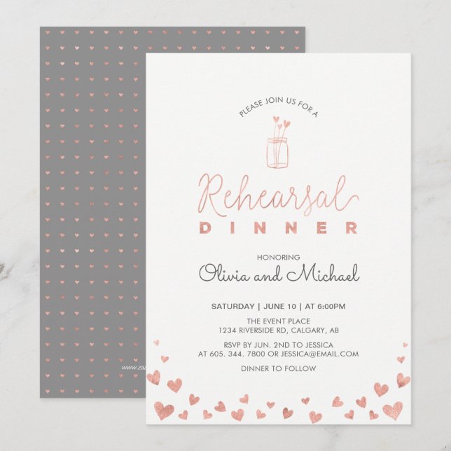 Rose Gold | Hearts Rehearsal Dinner Invitation (Front/Back)