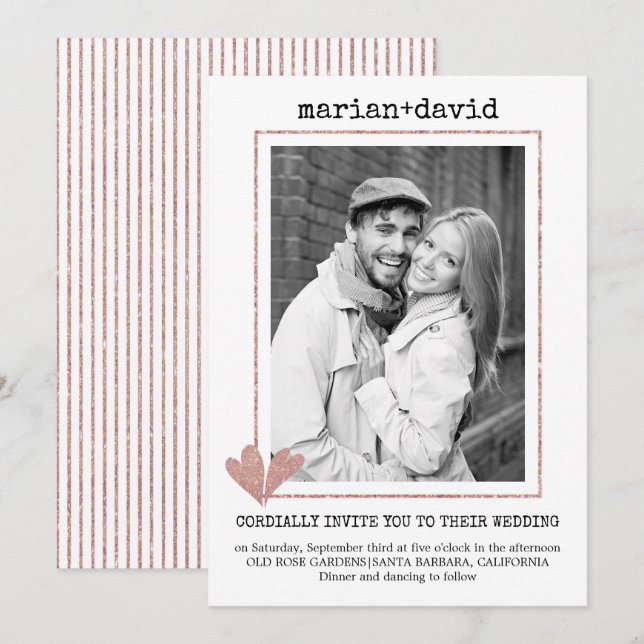 Rose gold hearts typewriter wedding photo invitation (Front/Back)