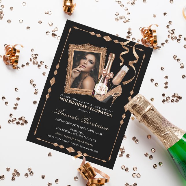 Rose Gold Heels and Champagne Women's Birthday Invitation (Creator Uploaded)