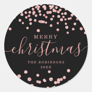 Rose Gold Holiday Christmas Glitter Confetti Black Classic Round Sticker