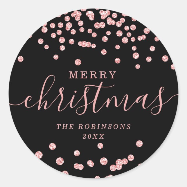 Rose Gold Holiday Christmas Glitter Confetti Black Classic Round Sticker (Front)