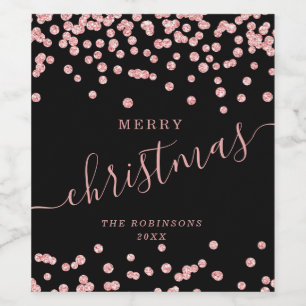 Rose Gold Holiday Christmas Glitter Confetti Black Wine Label