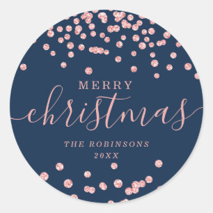 Rose Gold Holiday Christmas Glitter Confetti Navy Classic Round Sticker