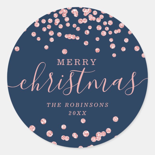 Rose Gold Holiday Christmas Glitter Confetti Navy Classic Round Sticker (Front)