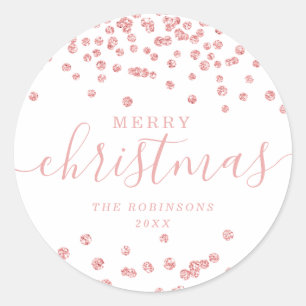 Rose Gold Holiday Christmas Glitter Confetti White Classic Round Sticker
