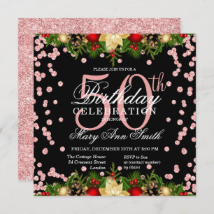Rose Gold Holiday Glitter 50th Birthday Black Invitation