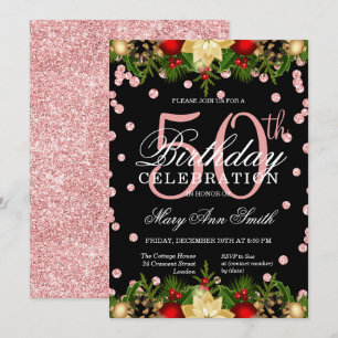Rose Gold Holiday Glitter Glam 50th Birthday  Invitation