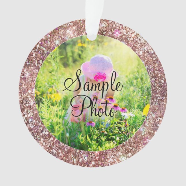 Rose Gold Holographic Glitter Circle Photo Ornament (Front)