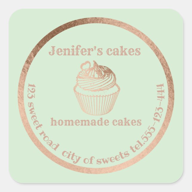 Rose gold Homemade cupcakes and treats packaging Square Sticker (Front)