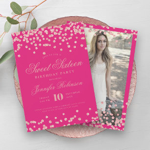 Rose Gold Hot Pink Confetti Photo Sweet 16   Invitation
