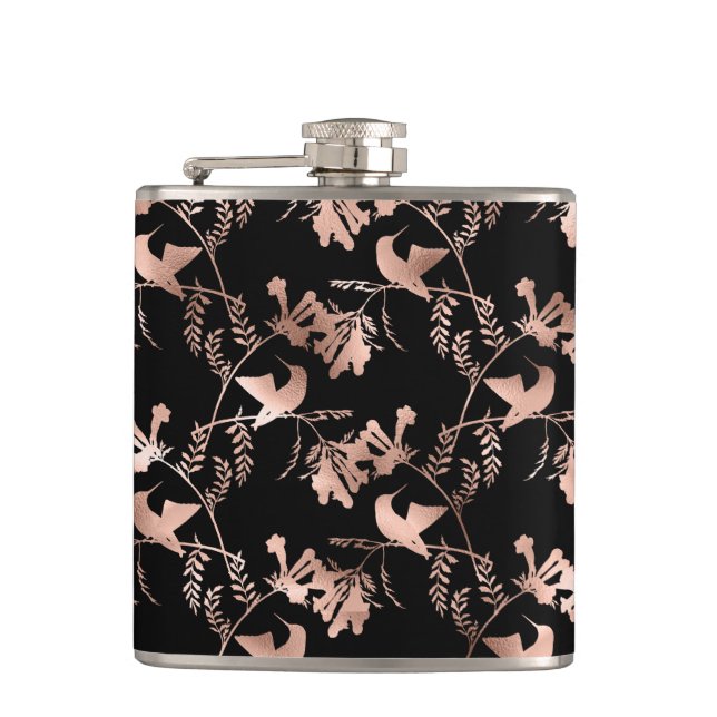 Rose Gold Hummingbird Pattern Hip Flask (Front)
