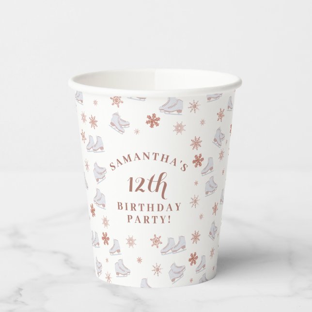 Rose Gold Ice Skates Blush Pink Skating Birthday Paper Cups (Left)