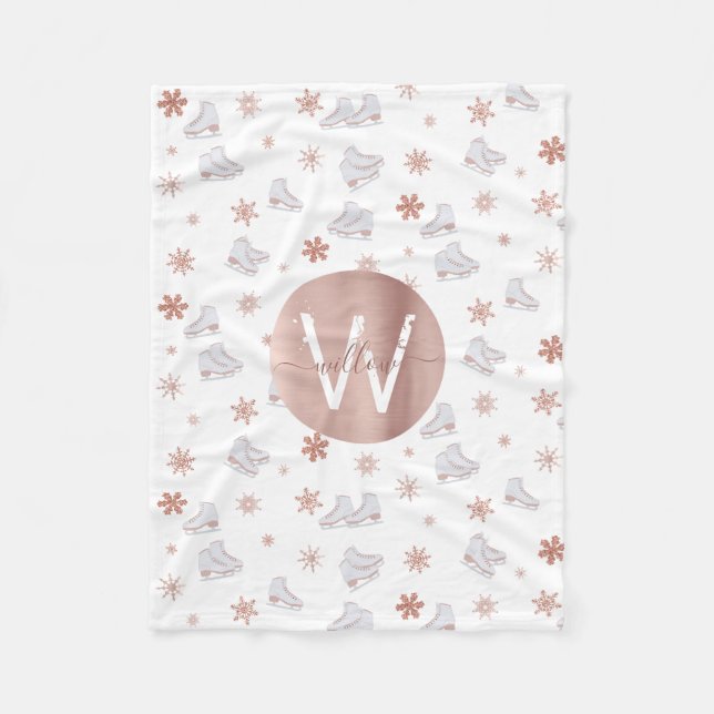 Rose Gold Ice Skates Blush Pink Skating Monogram Fleece Blanket (Front)