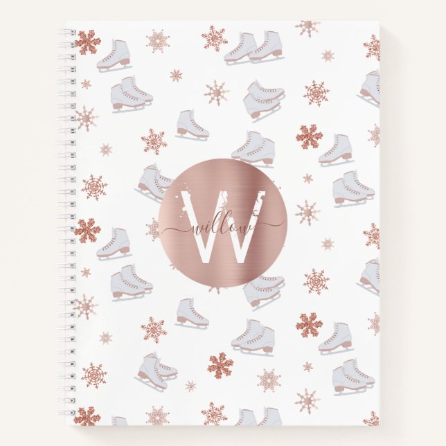 Rose Gold Ice Skates Blush Pink Skating Monogram Notebook (Front)