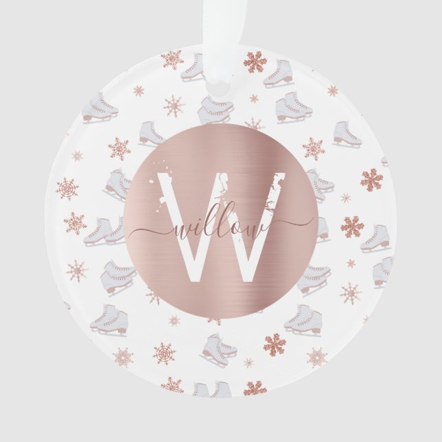 Rose Gold Ice Skates Blush Pink Skating Monogram Ornament (Front)
