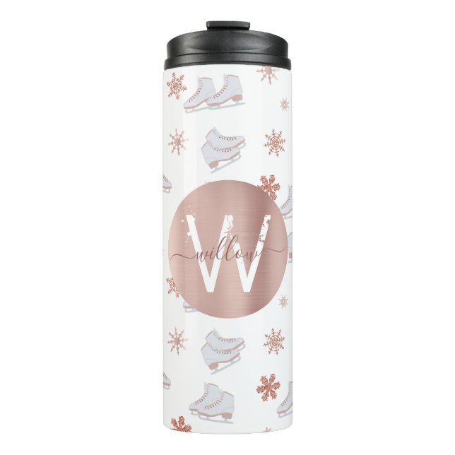 Rose Gold Ice Skates Blush Pink Skating Monogram Thermal Tumbler (Front)