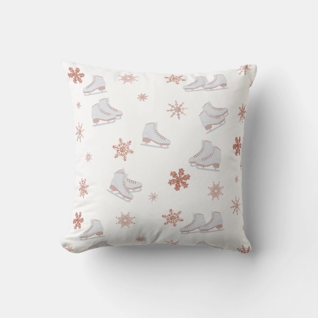 Rose Gold Ice Skates Blush Pink Skating Pattern Cushion (Front)
