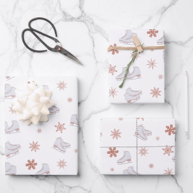 Rose Gold Ice Skates Blush Pink Skating Pattern Wrapping Paper Sheet (Front)