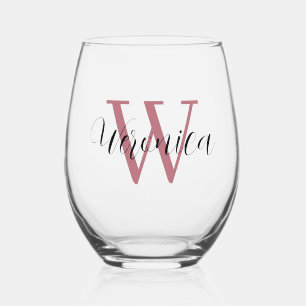 Rose Gold Initial and Black Name   Elegant Stemless Wine Glass