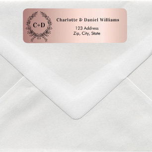 Rose gold initials wreath wedding return address
