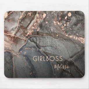 Rose Gold Ink Marble Girlboss Name Mouse Mat
