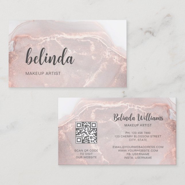 Rose Gold  Ink Marble | QR Code Business Card (Front/Back)