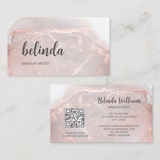 Rose Gold  Ink Marble | QR Code Business Card (Front/Back)