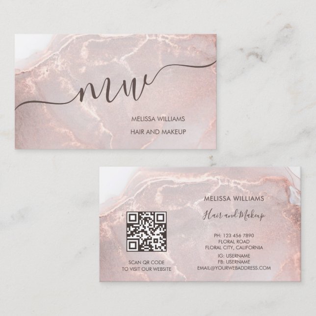 Rose Gold  Ink Marble | QR Code Business Card (Front/Back)