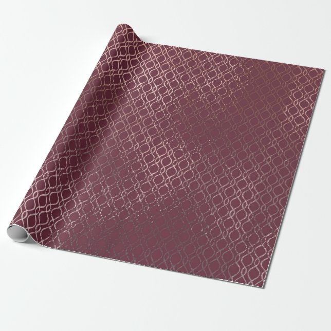 Rose Gold Interwoven Lattice Pattern on Burgundy Wrapping Paper (Unrolled)