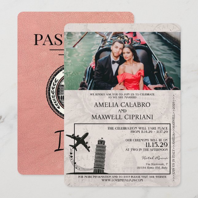 Rose Gold Italy Passport Wedding Invitation (Front/Back)