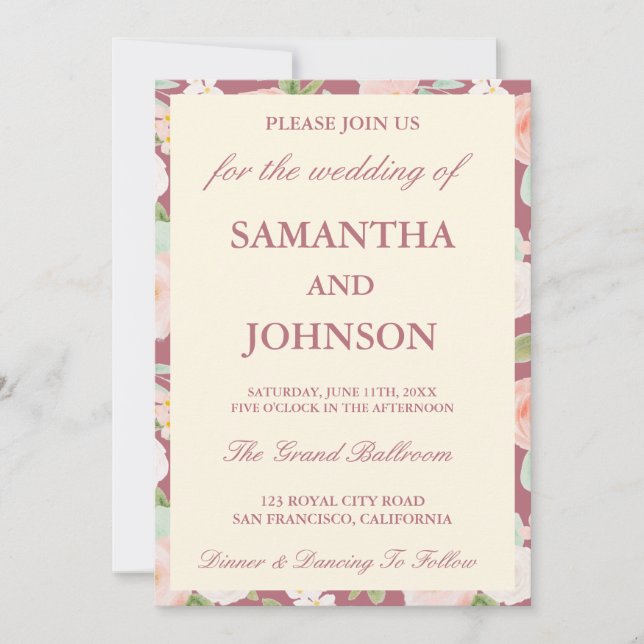 Rose Gold Ivory Floral Monogram Photo Wedding Invitation (Front)
