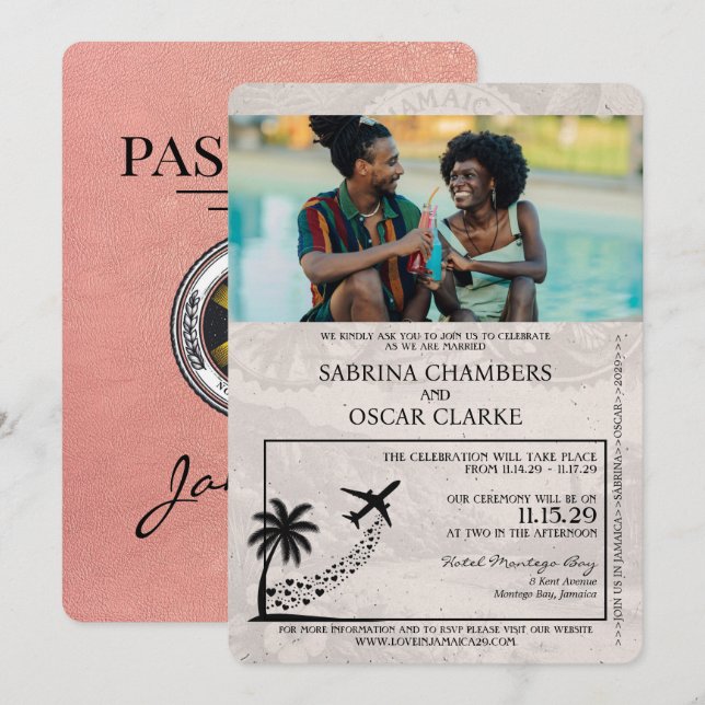 Rose Gold Jamaica Passport Wedding Invitation (Front/Back)
