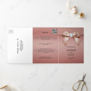 Rose Gold Jewel Gem Bow QR Code Wedding Tri-Fold Invitation